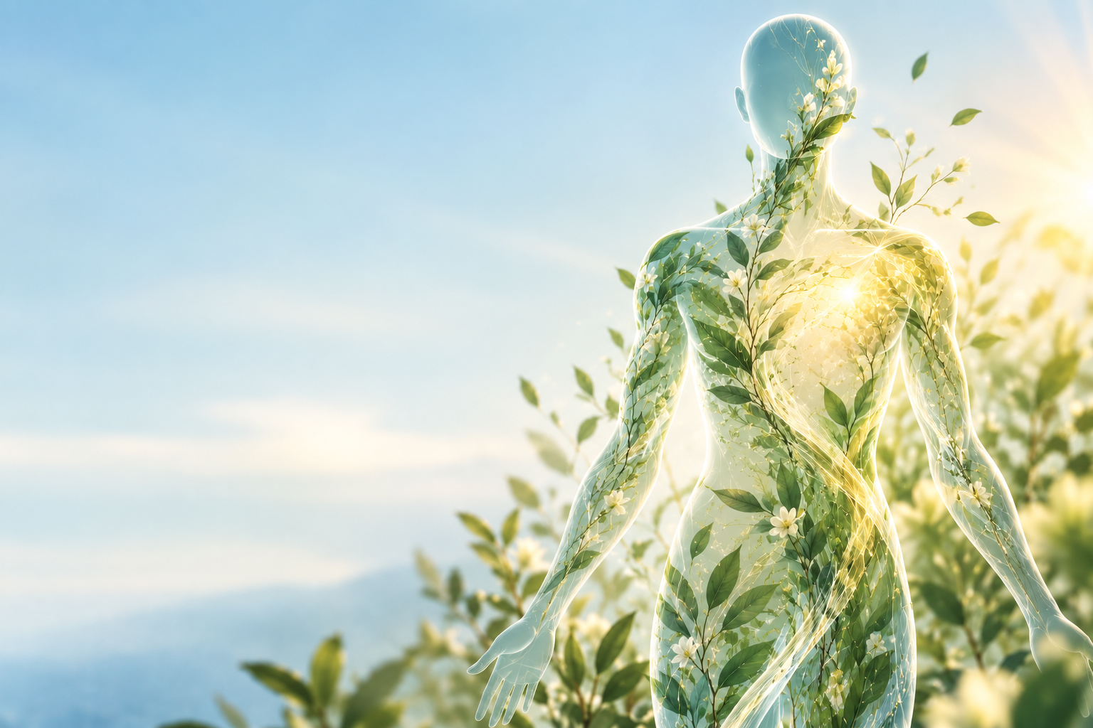 A luminous figure of green leaves and white blossoms standing in sunlight under a clear blue sky